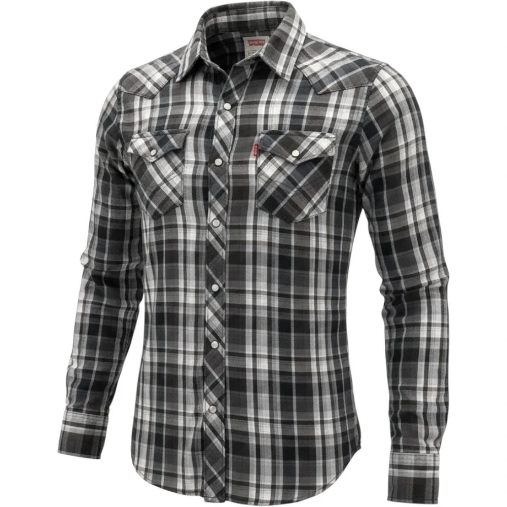 Levi's Plaid Western Pearl Snap Button Shirt Men's Size Small Brown Casual Rodeo